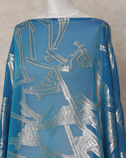 Turquoise Blue Somali Chiffon Dirac with Silver Geometric Lurex Work, 3.5 Mtrs, Width 140 Cms, Made in South Korea-D24050