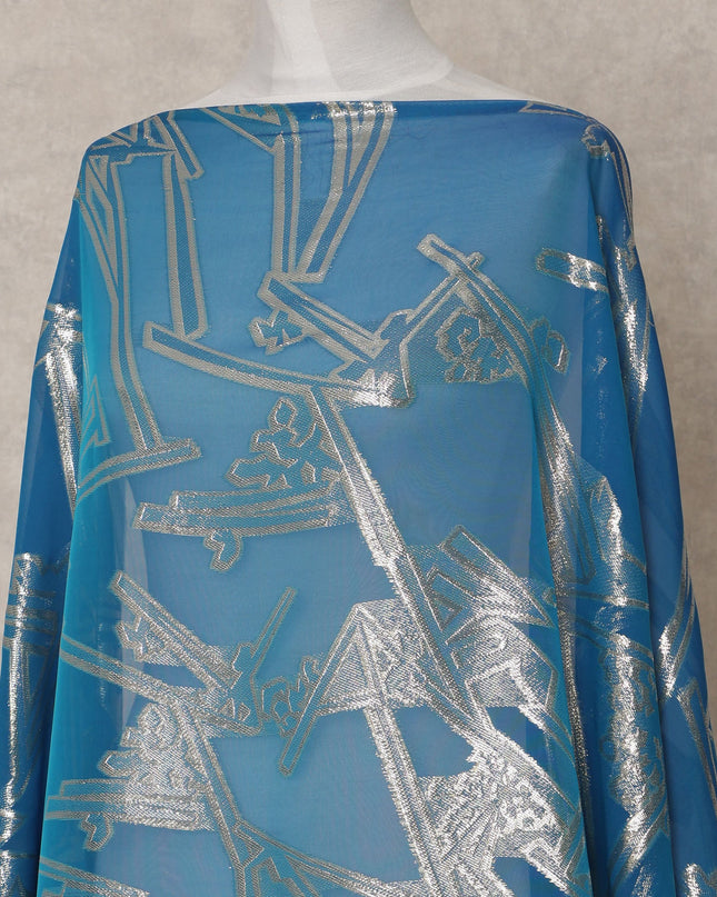 Turquoise Blue Somali Chiffon Dirac with Silver Geometric Lurex Work, 3.5 Mtrs, Width 140 Cms, Made in South Korea-D24050