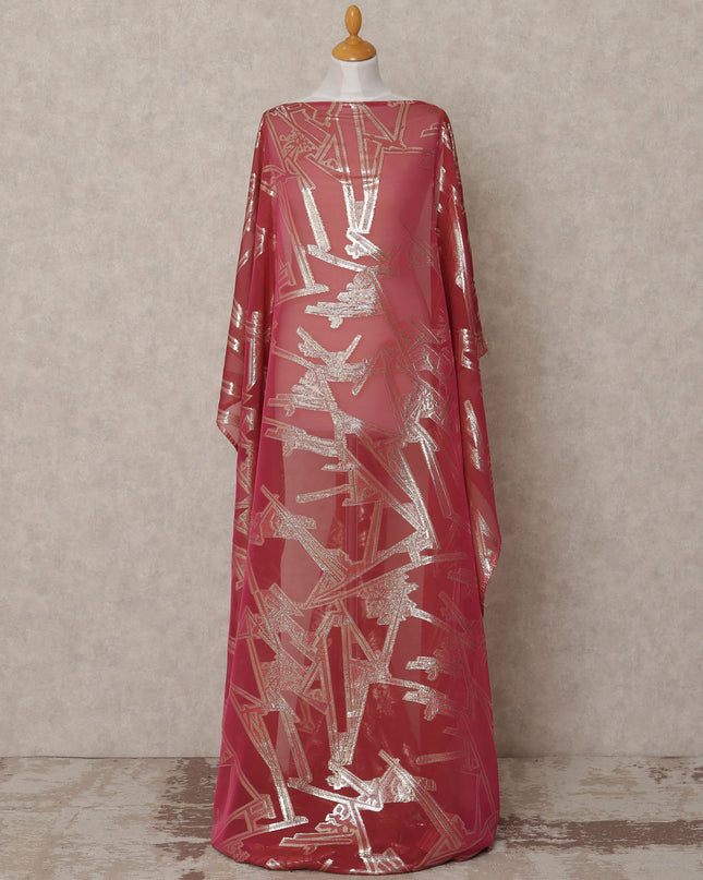 Deep Pink Somali Chiffon Dirac with Gold Geometric Lurex Work, 3.5 Mtrs, Width 140 Cms, Made in South Korea-D24051 Regal Fabrics