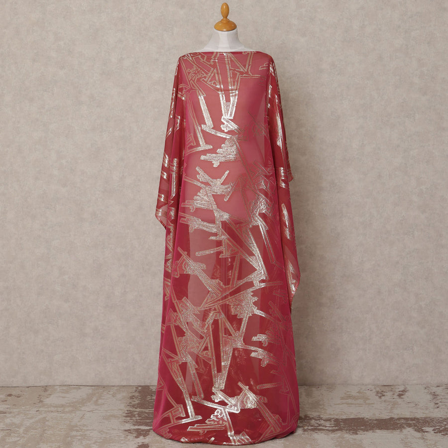 Deep Pink Somali Chiffon Dirac with Gold Geometric Lurex Work, 3.5 Mtrs, Width 140 Cms, Made in South Korea-D24051 Regal Fabrics