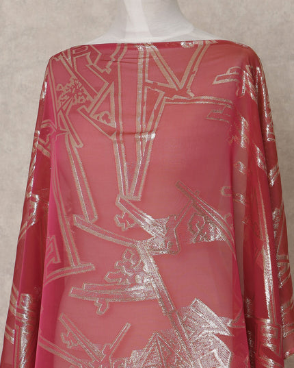 Deep Pink Somali Chiffon Dirac with Gold Geometric Lurex Work, 3.5 Mtrs, Width 140 Cms, Made in South Korea-D24051 Regal Fabrics