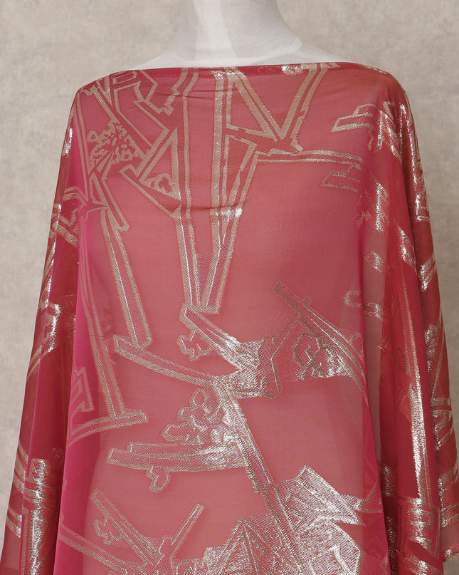 Deep Pink Somali Chiffon Dirac with Gold Geometric Lurex Work, 3.5 Mtrs, Width 140 Cms, Made in South Korea-D24051 Regal Fabrics