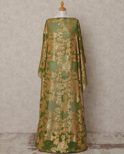 Olive Green Somali Silk Chiffon Dirac with Golden Floral Lurex, 3.5 Mtrs, Width 140 Cms, Made in South Korea-D24052