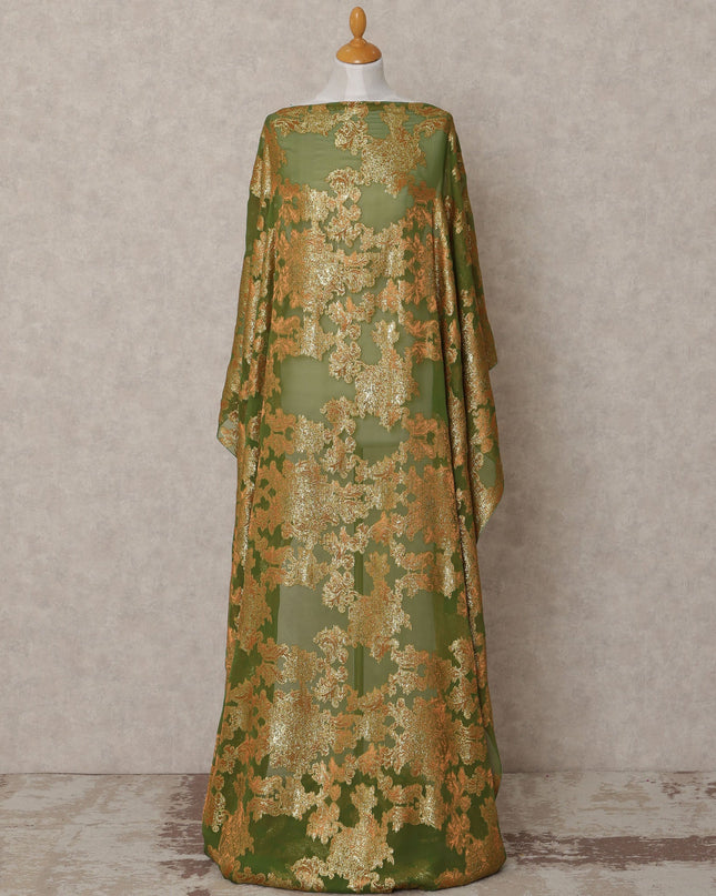 Olive Green Somali Silk Chiffon Dirac with Golden Floral Lurex, 3.5 Mtrs, Width 140 Cms, Made in South Korea-D24052