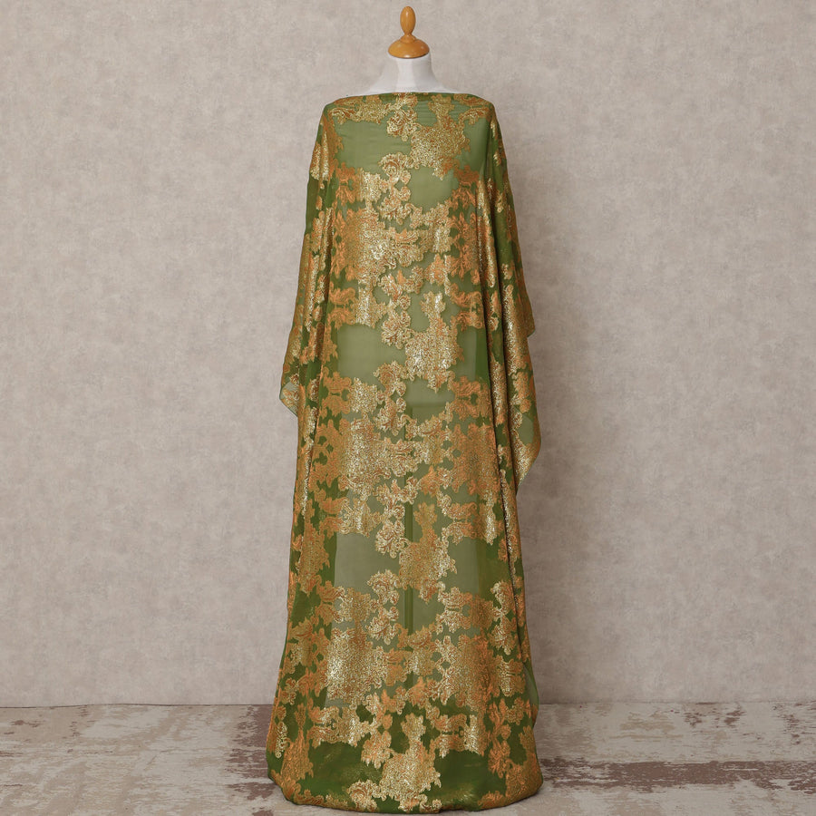Olive Green Somali Silk Chiffon Dirac with Golden Floral Lurex, 3.5 Mtrs, Width 140 Cms, Made in South Korea-D24052