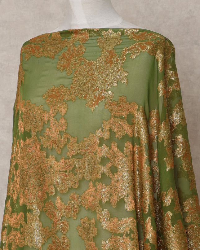 Olive Green Somali Silk Chiffon Dirac with Golden Floral Lurex, 3.5 Mtrs, Width 140 Cms, Made in South Korea-D24052