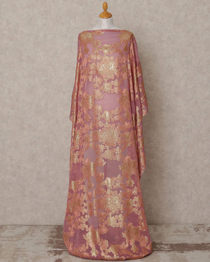 Dusty Rose Somali Silk Chiffon Dirac with Golden Floral Lurex, 3.5 Mtrs, Width 140 Cms, Made in South Korea-D24053 Regal Fabrics