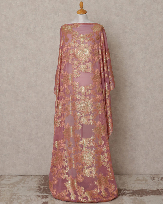 Dusty Rose Somali Silk Chiffon Dirac with Golden Floral Lurex, 3.5 Mtrs, Width 140 Cms, Made in South Korea-D24053 Regal Fabrics