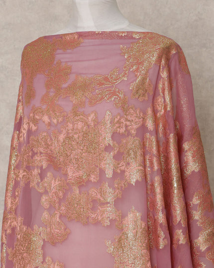 Dusty Rose Somali Silk Chiffon Dirac with Golden Floral Lurex, 3.5 Mtrs, Width 140 Cms, Made in South Korea-D24053 Regal Fabrics