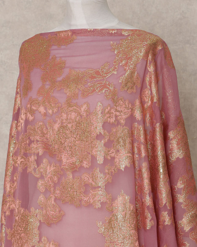 Dusty Rose Somali Silk Chiffon Dirac with Golden Floral Lurex, 3.5 Mtrs, Width 140 Cms, Made in South Korea-D24053 Regal Fabrics