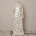 Ivory White Somali Silk Chiffon Dirac with Golden Diagonal Stripes Lurex, 3.5 Mtrs, Width 140 Cms, Made in South Korea-D24054