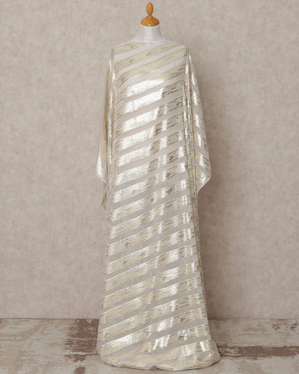 Ivory White Somali Silk Chiffon Dirac with Golden Diagonal Stripes Lurex, 3.5 Mtrs, Width 140 Cms, Made in South Korea-D24054