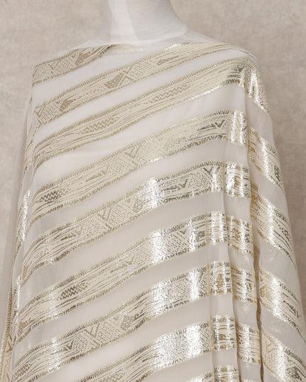 Ivory White Somali Silk Chiffon Dirac with Golden Diagonal Stripes Lurex, 3.5 Mtrs, Width 140 Cms, Made in South Korea-D24054