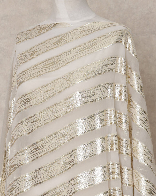 Ivory White Somali Silk Chiffon Dirac with Golden Diagonal Stripes Lurex, 3.5 Mtrs, Width 140 Cms, Made in South Korea-D24054