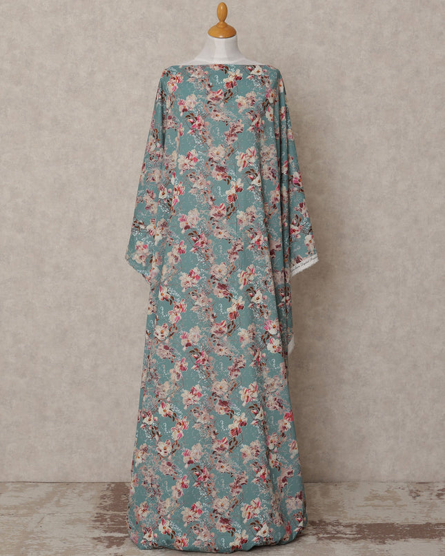 Teal Blue Somali Cotton Voile Printed Dirac Fabric with Floral Motifs, 3.5 Mtrs, Width 140 Cms, Made in India-D24055 Regal Fabrics