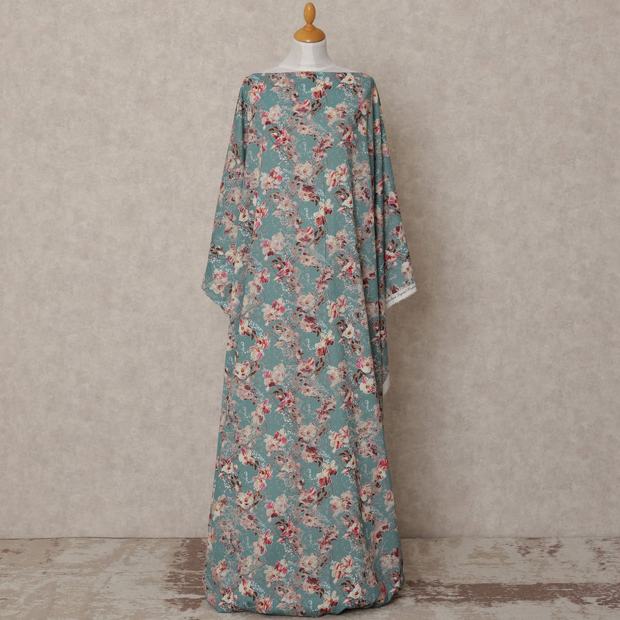 Teal Blue Somali Cotton Voile Printed Dirac Fabric with Floral Motifs, 3.5 Mtrs, Width 140 Cms, Made in India-D24055 Regal Fabrics