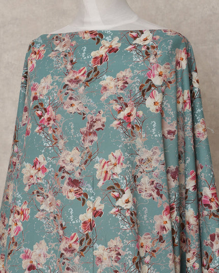 Teal Blue Somali Cotton Voile Printed Dirac Fabric with Floral Motifs, 3.5 Mtrs, Width 140 Cms, Made in India-D24055 Regal Fabrics