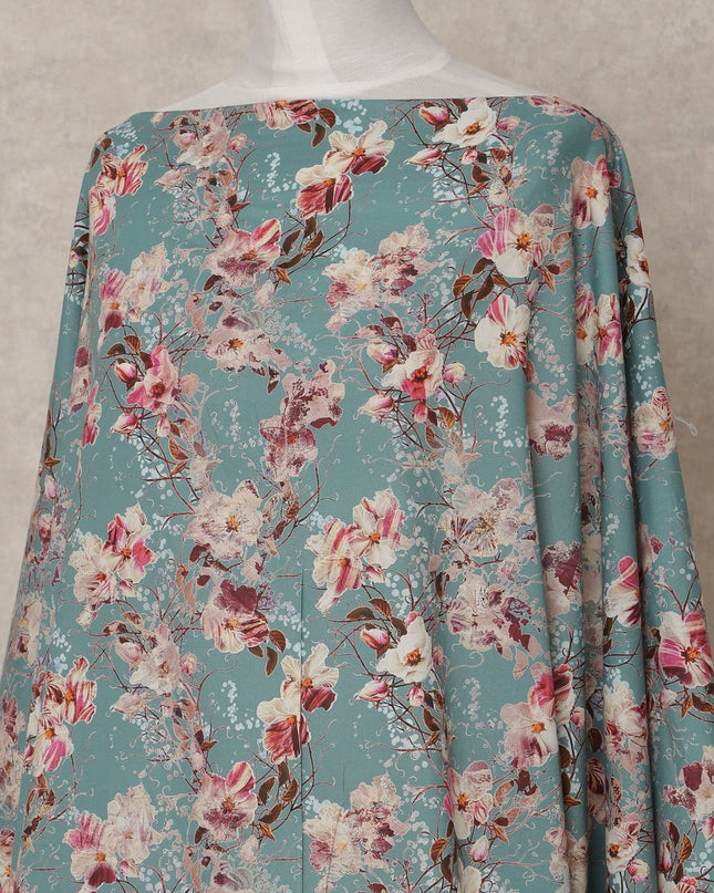 Teal Blue Somali Cotton Voile Printed Dirac Fabric with Floral Motifs, 3.5 Mtrs, Width 140 Cms, Made in India-D24055 Regal Fabrics