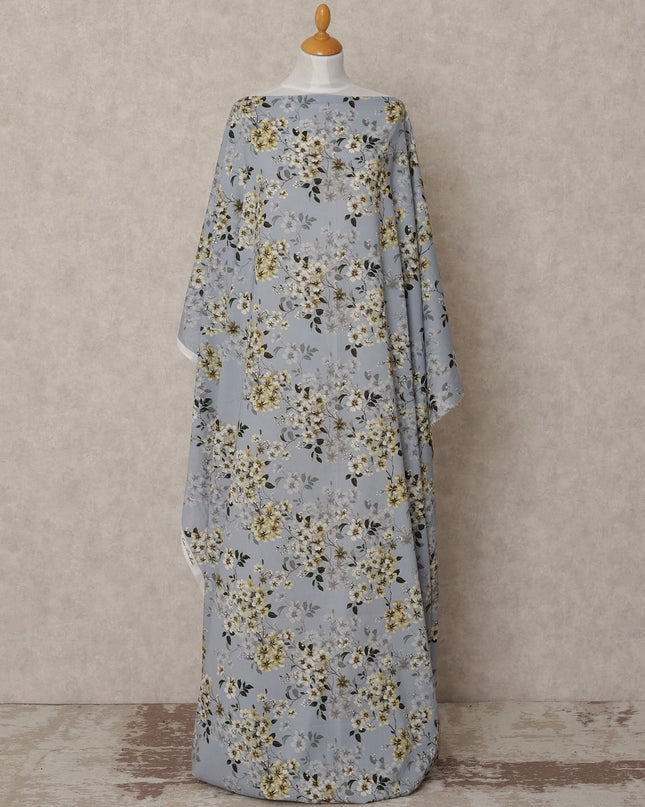 Dusty Blue Somali Cotton Voile Printed Dirac Fabric with Yellow & White Floral Pattern, 3.5 Mtrs, Width 140 Cms, Made in India-D24056 Regal Fabrics