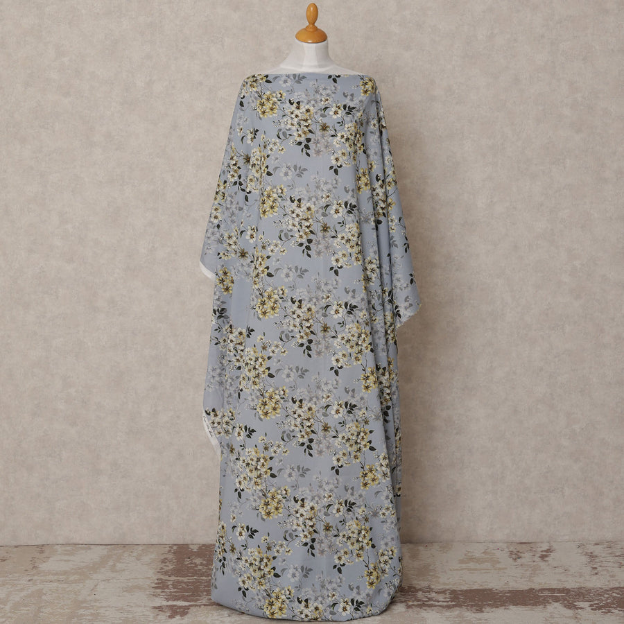 Dusty Blue Somali Cotton Voile Printed Dirac Fabric with Yellow & White Floral Pattern, 3.5 Mtrs, Width 140 Cms, Made in India-D24056 Regal Fabrics