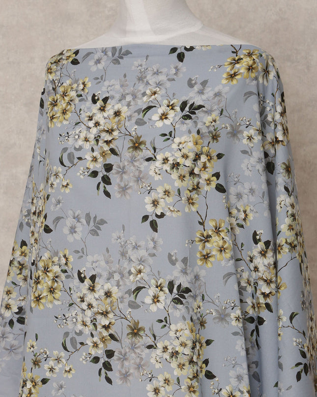 Dusty Blue Somali Cotton Voile Printed Dirac Fabric with Yellow & White Floral Pattern, 3.5 Mtrs, Width 140 Cms, Made in India-D24056 Regal Fabrics