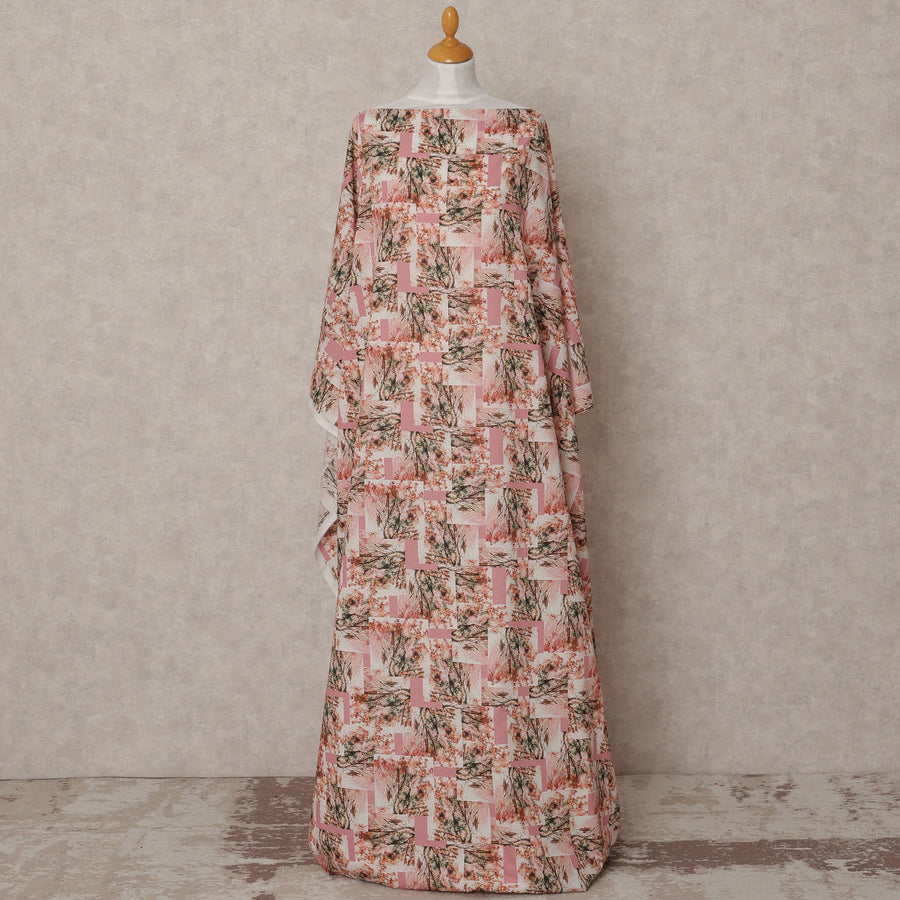 Blush Pink Somali Cotton Voile Printed Dirac Fabric with Abstract Tree Motif, 3.5 Mtrs, Width 140 Cms, Made in India-D24057