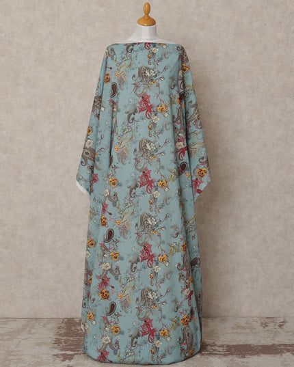 Dusty Teal Somali Cotton Voile Printed Dirac Fabric with Floral Paisley Design, 3.5 Mtrs, Width 140 Cms, Made in India-D24058