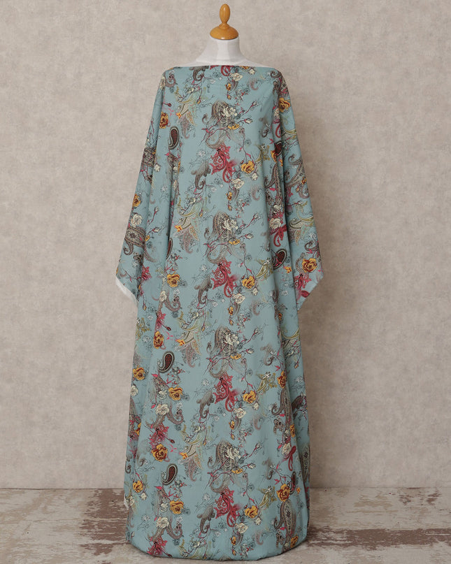 Dusty Teal Somali Cotton Voile Printed Dirac Fabric with Floral Paisley Design, 3.5 Mtrs, Width 140 Cms, Made in India-D24058