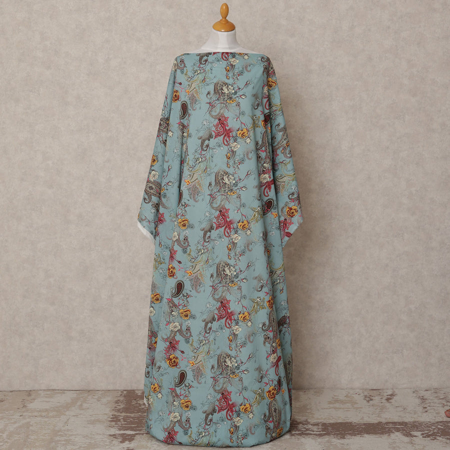 Dusty Teal Somali Cotton Voile Printed Dirac Fabric with Floral Paisley Design, 3.5 Mtrs, Width 140 Cms, Made in India-D24058