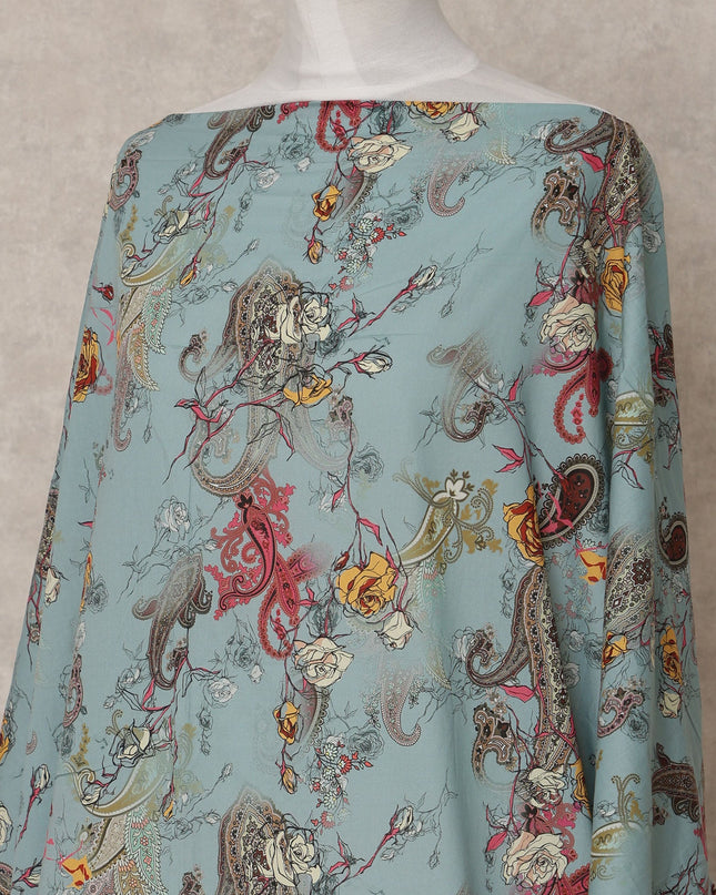 Dusty Teal Somali Cotton Voile Printed Dirac Fabric with Floral Paisley Design, 3.5 Mtrs, Width 140 Cms, Made in India-D24058