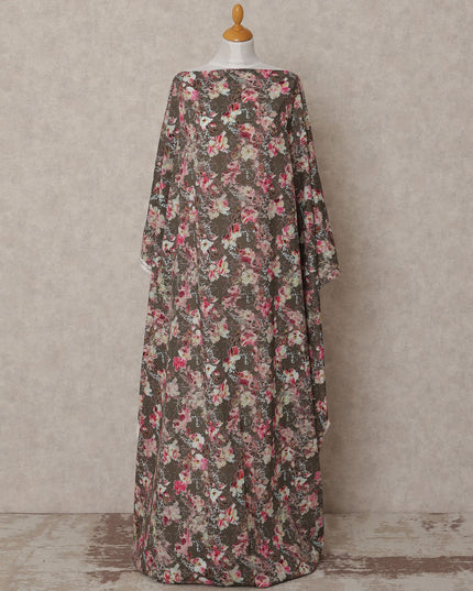 Chocolate Brown Somali Cotton Voile Printed Dirac Fabric with Pink Floral Pattern, 3.5 Mtrs, Width 140 Cms, Made in India-D24059
