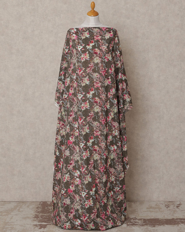 Chocolate Brown Somali Cotton Voile Printed Dirac Fabric with Pink Floral Pattern, 3.5 Mtrs, Width 140 Cms, Made in India-D24059