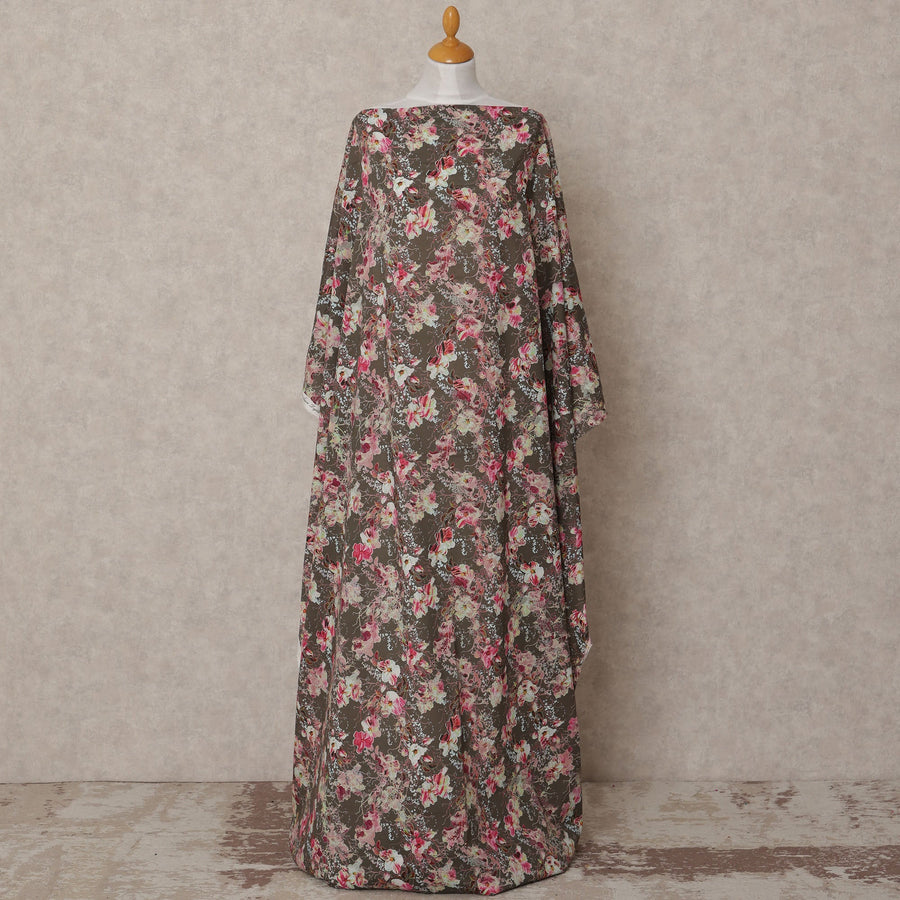 Chocolate Brown Somali Cotton Voile Printed Dirac Fabric with Pink Floral Pattern, 3.5 Mtrs, Width 140 Cms, Made in India-D24059