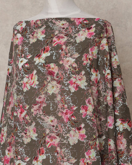 Chocolate Brown Somali Cotton Voile Printed Dirac Fabric with Pink Floral Pattern, 3.5 Mtrs, Width 140 Cms, Made in India-D24059