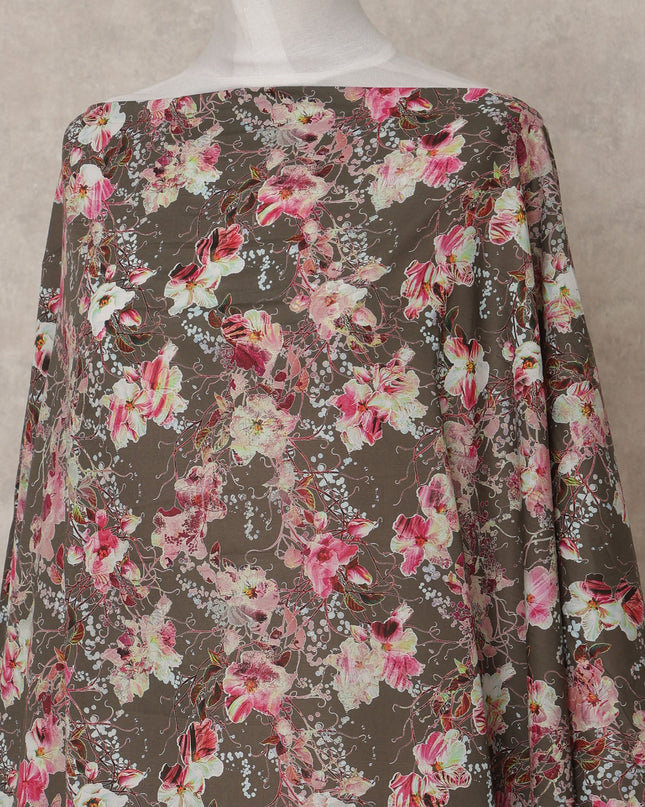Chocolate Brown Somali Cotton Voile Printed Dirac Fabric with Pink Floral Pattern, 3.5 Mtrs, Width 140 Cms, Made in India-D24059