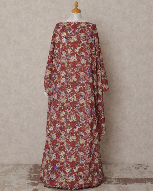 Maroon Somali Cotton Voile Printed Dirac Fabric with Multicolor Floral Design, 3.5 Mtrs, Width 140 Cms, Made in India-D24060