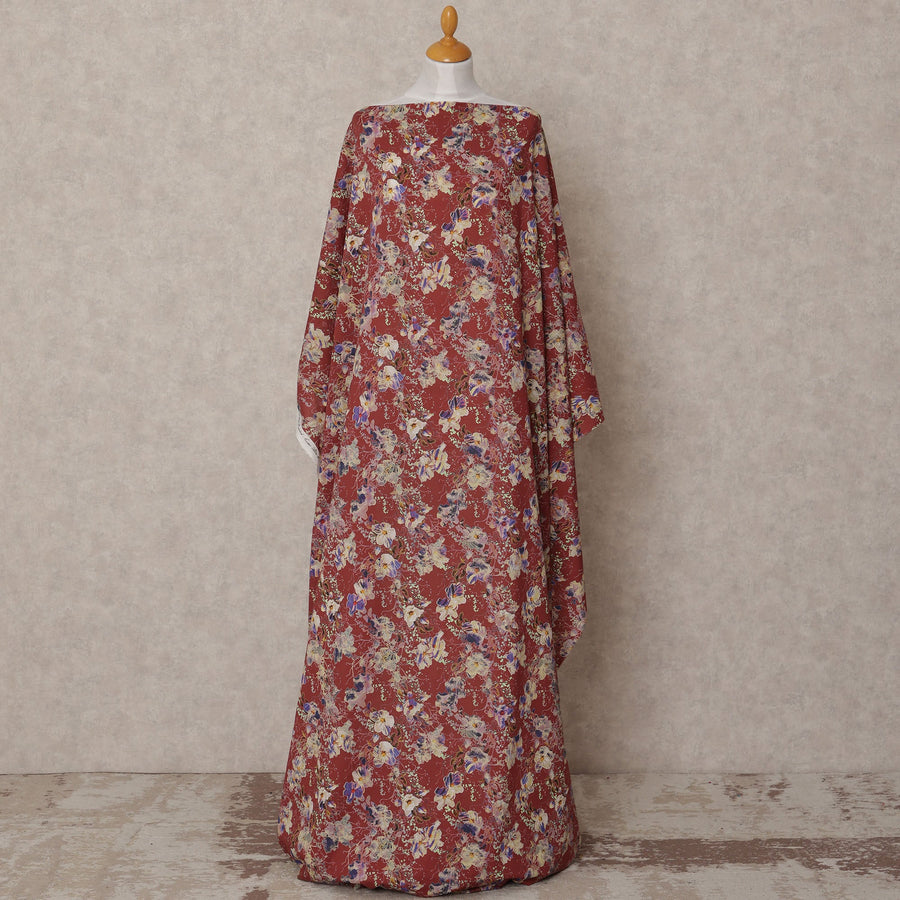 Maroon Somali Cotton Voile Printed Dirac Fabric with Multicolor Floral Design, 3.5 Mtrs, Width 140 Cms, Made in India-D24060