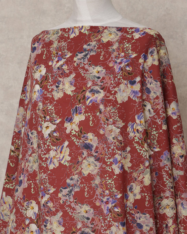 Maroon Somali Cotton Voile Printed Dirac Fabric with Multicolor Floral Design, 3.5 Mtrs, Width 140 Cms, Made in India-D24060