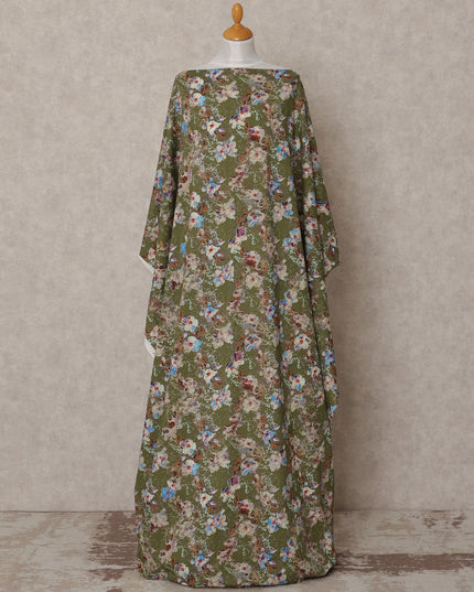 Olive Green Somali Cotton Voile Printed Dirac Fabric with Multicolor Floral Design, 3.5 Mtrs, Width 140 Cms, Made in India-D24061