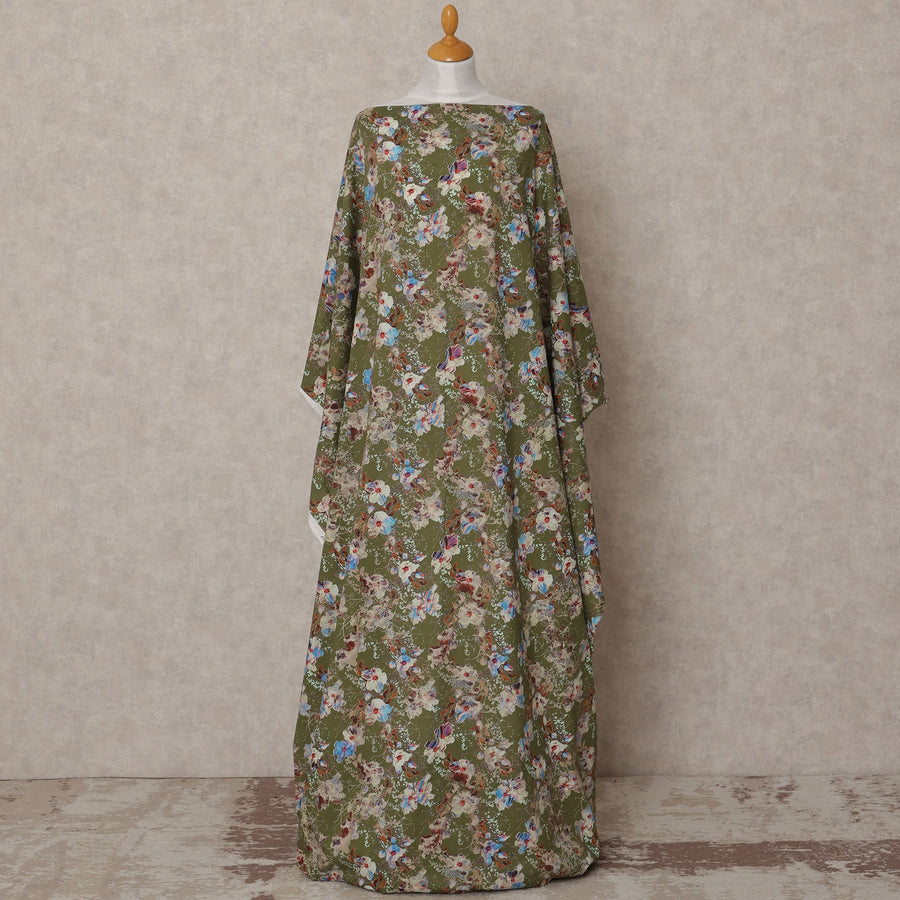 Olive Green Somali Cotton Voile Printed Dirac Fabric with Multicolor Floral Design, 3.5 Mtrs, Width 140 Cms, Made in India-D24061