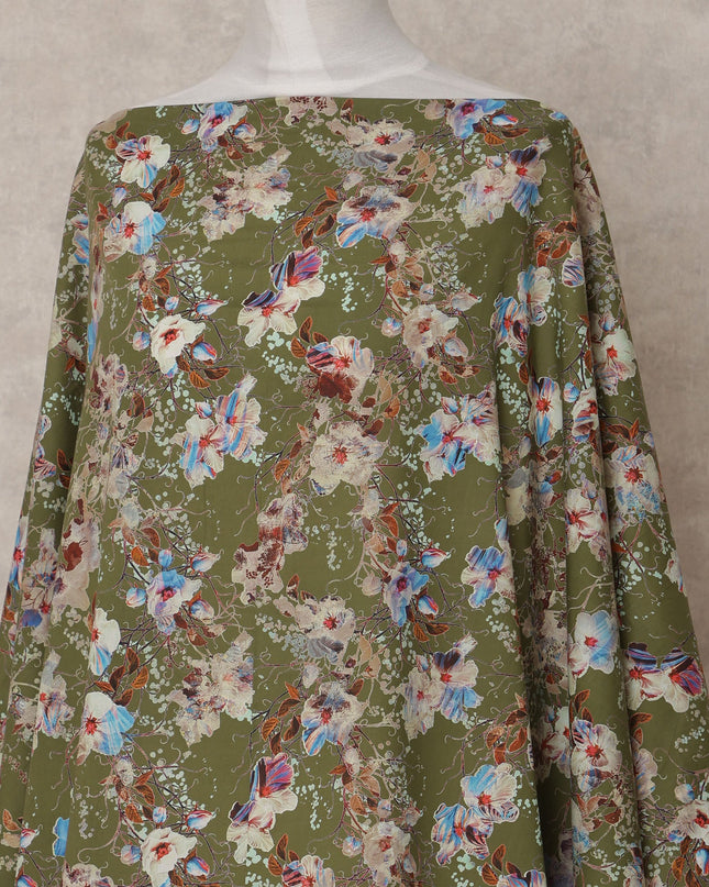 Olive Green Somali Cotton Voile Printed Dirac Fabric with Multicolor Floral Design, 3.5 Mtrs, Width 140 Cms, Made in India-D24061