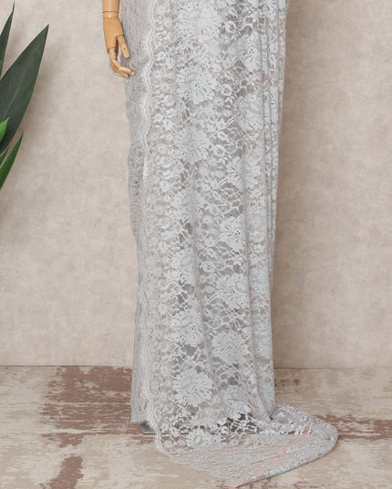 قماش ساري شانتيلي فرنسي فاخر بلون أزرق فاتح، بطول ٥.٥ متر تقريبًا، وعرض ١١٠ سم، صنع في فرنسا - D24062