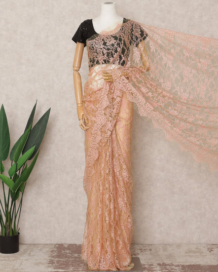 قماش ساري شانتيلي فرنسي فاخر بلونين، لون خوخي وردي، بطول ٥.٥ متر تقريبًا، وعرض ١١٠ سم، صنع في فرنسا - D24064