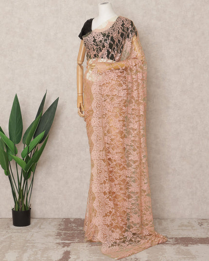 قماش ساري شانتيلي فرنسي فاخر بلونين، لون خوخي وردي، بطول ٥.٥ متر تقريبًا، وعرض ١١٠ سم، صنع في فرنسا - D24064