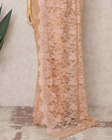 قماش ساري شانتيلي فرنسي فاخر بلونين، لون خوخي وردي، بطول ٥.٥ متر تقريبًا، وعرض ١١٠ سم، صنع في فرنسا - D24064