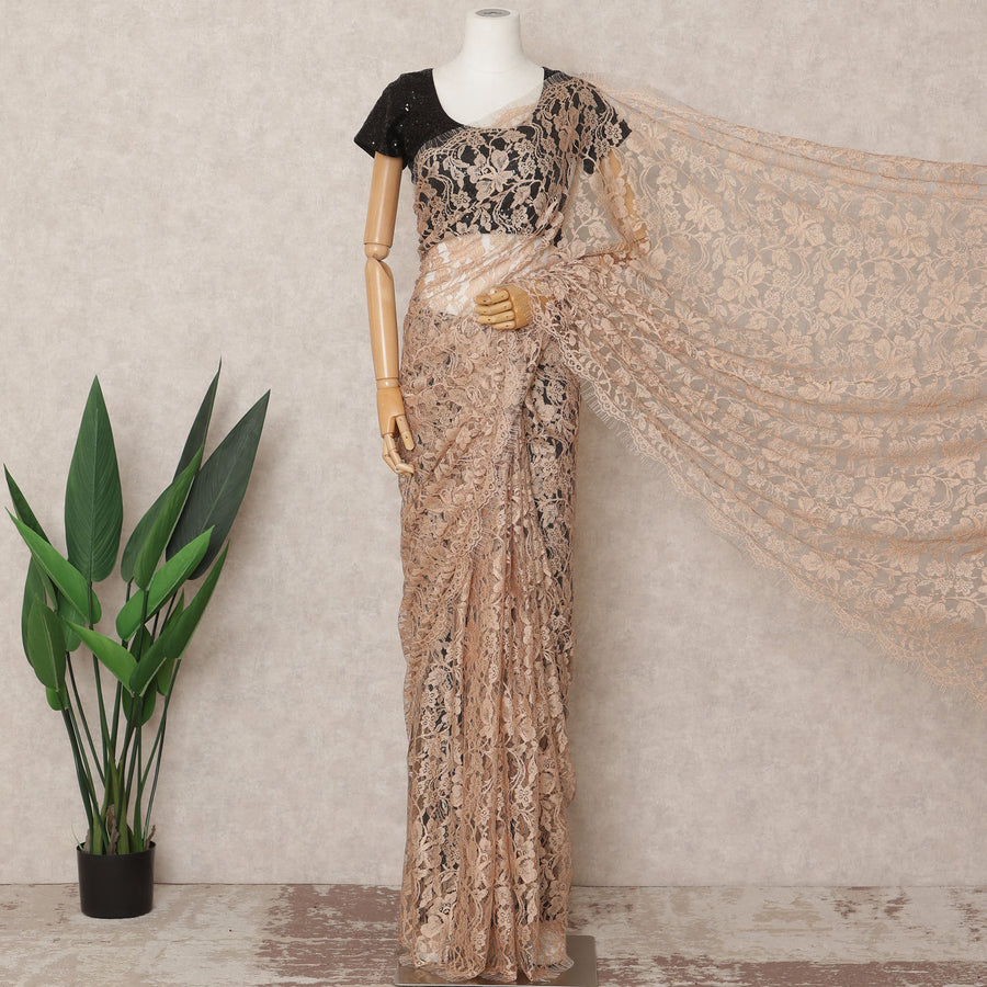 Nude Peach Premium French 2Tone Chantilly Saree Lace Fabric, Approx. 5.5 Mtrs, Width 110 Cms, Made in France-D24065 Regal Fabrics