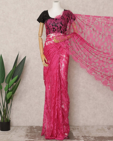 قماش ساري شانتيلي فرنسي فاخر بلونين وردي فوشيا، بطول ٥.٥ متر تقريبًا، وعرض ١١٠ سم، صنع في فرنسا - D24066