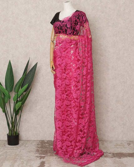 قماش ساري شانتيلي فرنسي فاخر بلونين وردي فوشيا، بطول ٥.٥ متر تقريبًا، وعرض ١١٠ سم، صنع في فرنسا - D24066