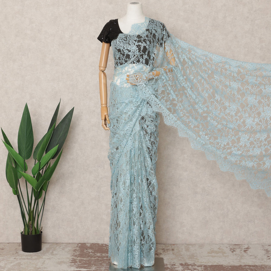 Baby Blue Premium French 2Tone Chantilly Saree Lace Fabric, Approx. 5.5 Mtrs, Width 110 Cms, Made in France-D24068
