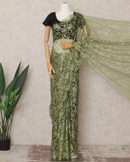 Olive Green Premium French 2Tone Chantilly Saree Lace Fabric, Approx. 5.5 Mtrs, Width 110 Cms, Made in France-D24069 Regal Fabrics